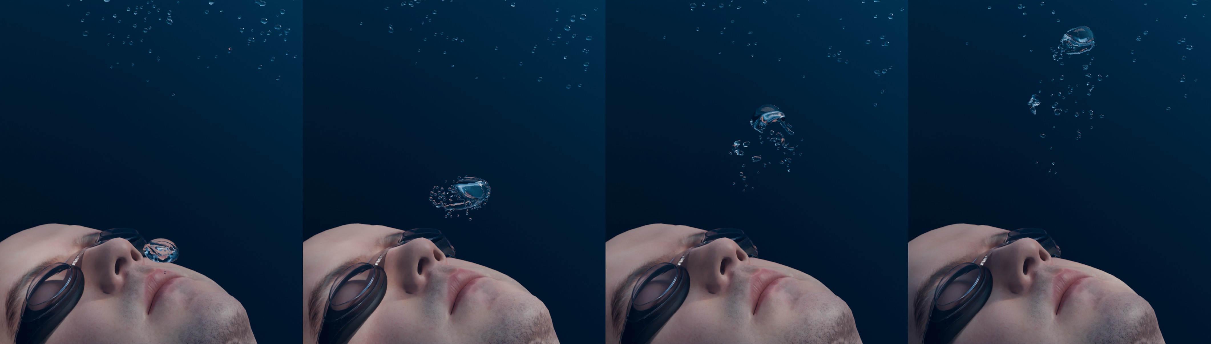 An underwater character exhaling a cascading plume of bubbles